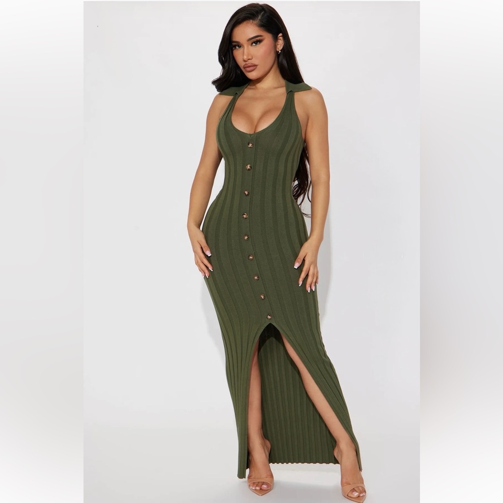Olive Green Ribbed Button-Down Maxi Dress